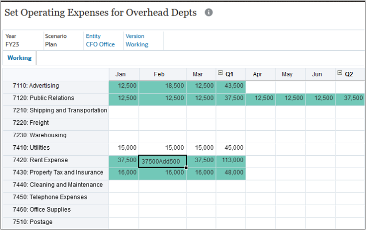 Expenses form with Feb Rent Expense Highlighted